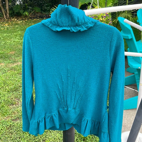 Luii teal wool cardigan jacket Anthropologie anthro large l ruffles - Picture 14 of 17